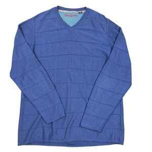 Robert Graham 100% Cotton V-Neck Sweater Blue Textured Stripe Minimalist Size XL